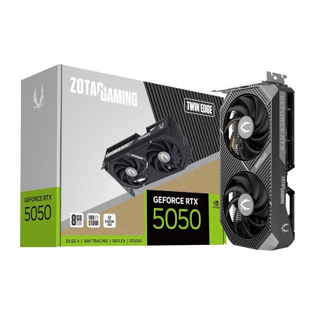 بطاقة رسومات ZOTAC GAMING GeForce RTX 5050 Twin Edge سعة 8 جيجابايت، تردد تشغيل المحرك 2572 ميجاهرتز، تردد تشغيل الذاكرة 20 جيجابايت في الثانية، 2560 نواة