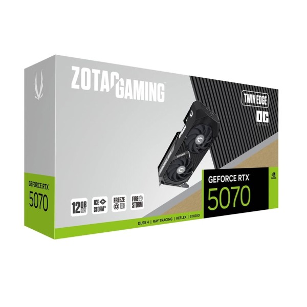 بطاقة رسومات ZOTAC GAMING GeForce RTX 5070 Twin Edge OC بسعة 12GB، تدعم تقنيات تتبع الأشعة (Ray Tracing) وDLSS، خاصية التوقف التلقائي للمراوح - اسود معدني