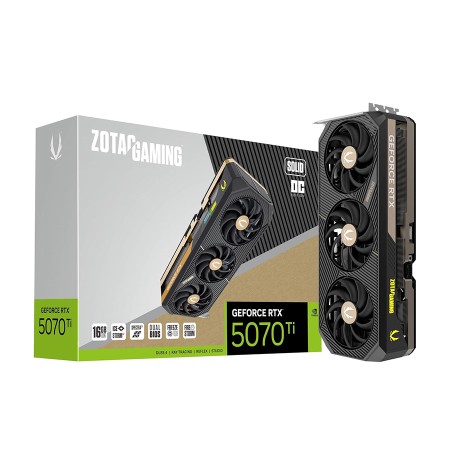 كرت شاشة احترافي ZOTAC SOLDI GeForce RTX 5070 Ti  , ذاكرة 16GB GDDR7, تبريد ثلاثي المراوح, اصدار مكسور السرعة OC, يدعم تقنيات  Ray Tracing وDLSS 4 وNVIDIA Reflex - أسود