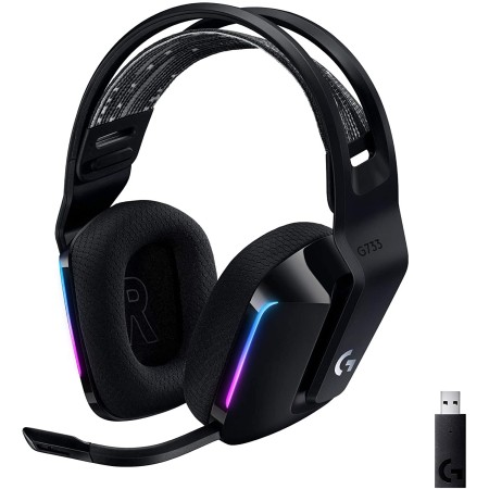سماعة ألعاب لاسلكية Logitech G733 LIGHTSPEED RGB، عمر بطارية يصل إلى 29 ساعة، دعم الصوت المحيطي DTS، تصميم خفيف الوزن 278 غ - اسود
