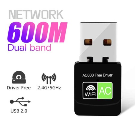 لاقط شبكة واي فاي مزدوج الموجة - محول USB صغير واي فاي بسرعة 600 ميجابت في الثانية ثنائي النطاق 2.4 جيجا هرتز + 5 جيجا هرتز برنامج تشغيل مجاني