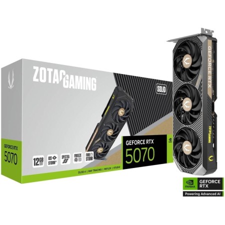 كرت شاشة احترافي ZOTAC RTX 5070 SOLID, ذاكرة 12GB GDDR7, نظام تبريد IceStorm 2.0 بثلاث مراوح, واجهة PCIe 5.0 x16, دعم تقنيات DLSS4 و Ray Tracing - أسود
