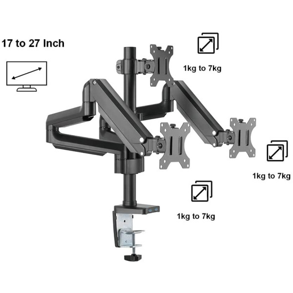 Twisted Minds Triple Monitor ARM Aluminum Desk Full Motion Adjustable With USB 3.0 (17 inch -27 inch ) Twisted Minds Triple Monitor ARM Aluminum Desk Full Motion Adjustable With USB 3.0 (17 inch -27 inch )