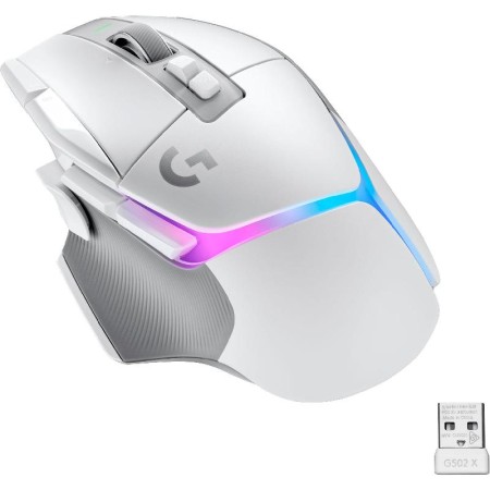 فأرة ألعاب احترافية Logitech G502 X PlusD, تدعم تقنية تقنية LIGHTSPEED اللاسلكية, مستشعر HERO 25K, سرعة تصل الى تصل إلى 25,600 DPI, إضاءة LIGHTSYNC RGB, وزن 106 غرام - أبيض