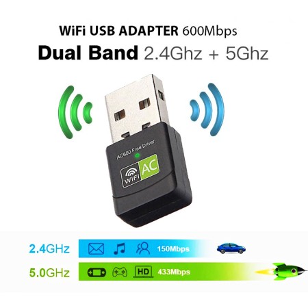 لاقط شبكة واي فاي مزدوج الموجة - محول USB صغير واي فاي بسرعة 600 ميجابت في الثانية ثنائي النطاق 2.4 جيجا هرتز + 5 جيجا هرتز برنامج تشغيل مجاني