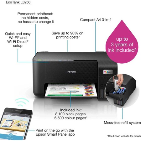 PRINTER EPSON L3250 ECO TANK 3 IN ONE WIFI + Wi-Fi DIRECT PRINTER EPSON L3250 ECO TANK 3 IN ONE WIFI + Wi-Fi DIRECT