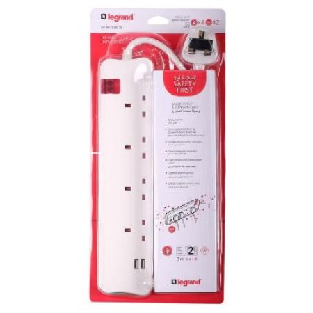 Power Extension LEGRAND 4 power sockets ,3-meter cable length ,Child safety shutters ,2 USB ports for charging smartphones - White Power Extension LEGRAND 4 power sockets ,3-meter cable length ,Child safety shutters ,2 USB ports for charging smartphones - White