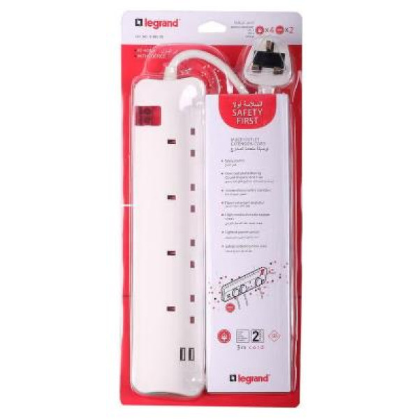 LEGRAND POWER EXTENTION COD 4 WAY+2 USB 3m -WHITE - توصيلة كهرباء 3 متر 4 مخرج LEGRAND POWER EXTENTION COD 4 WAY+2 USB 3m -WHITE - توصيلة كهرباء 3 متر 4 مخرج