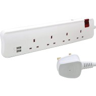 توصيلة كهرباء LEGRAND بـ 4 مخارج كهرباء، طول كابل 3 متر، مزودة بحماية للأطفال، و2 منفذ USB لشحن الهواتف الذكية - ابيض