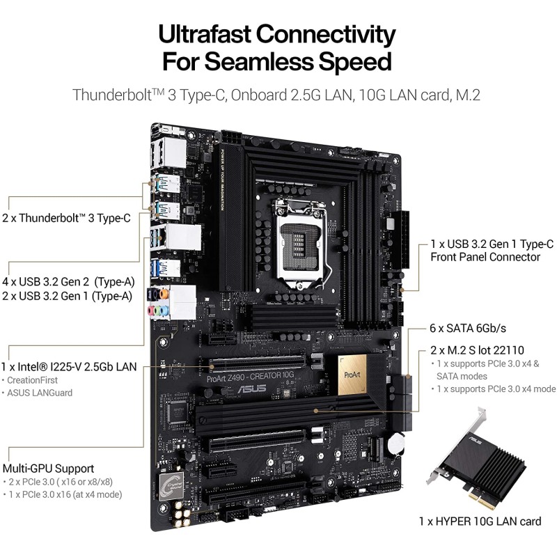 ASUS ProArt Z490-CREATOR 10G Intel® Z490 LGA 1200 ATX Motherboard - Thunderbolt™ 3 Type-C